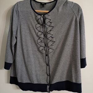 Talbots Navy and White Striped Ruffle-Front  Detail 3/4 Sleeve Cardigan Size 1X